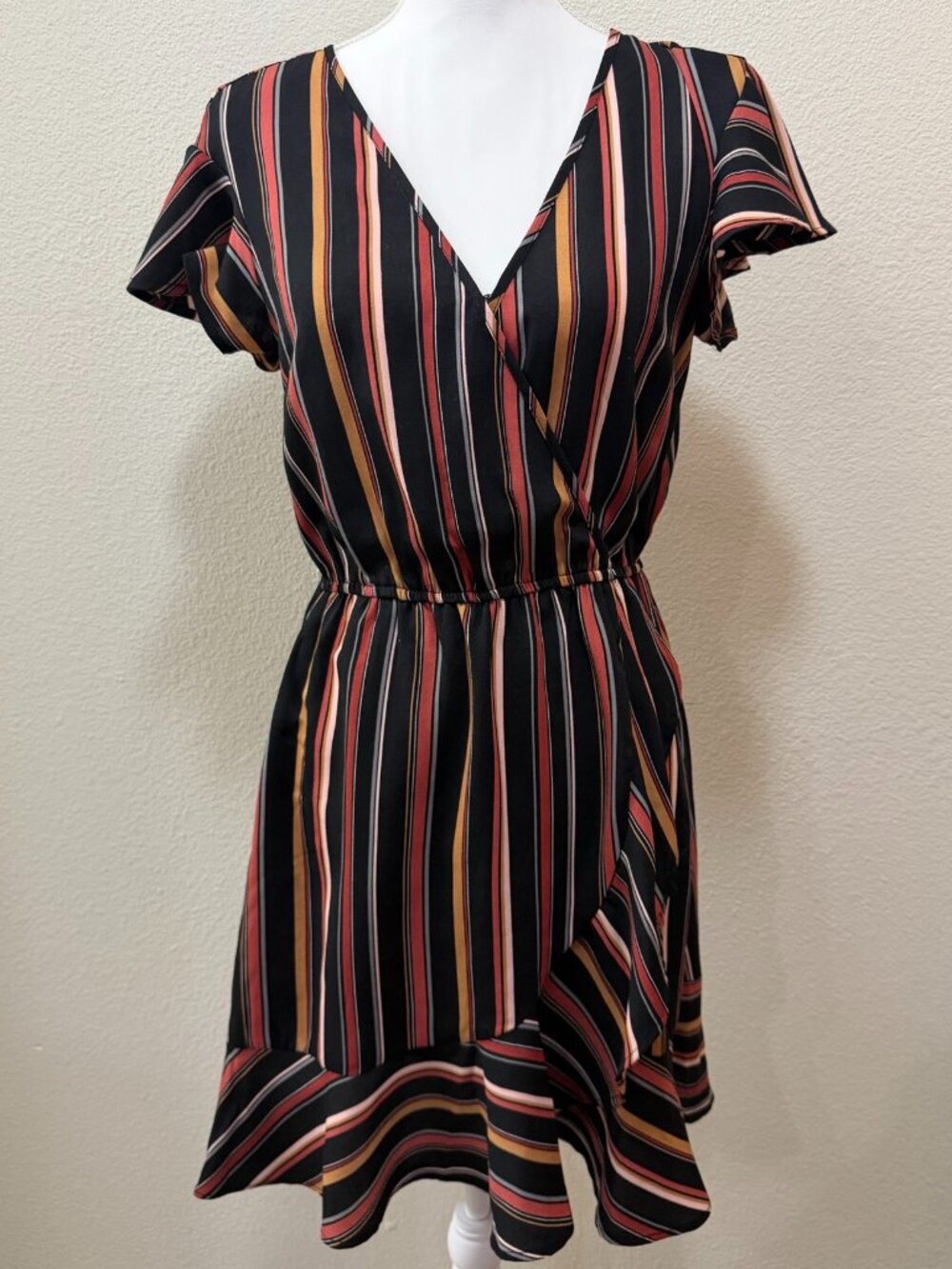Xhilaration black wrap dress with neutral stripes, flutter sleeves and skirt, XS